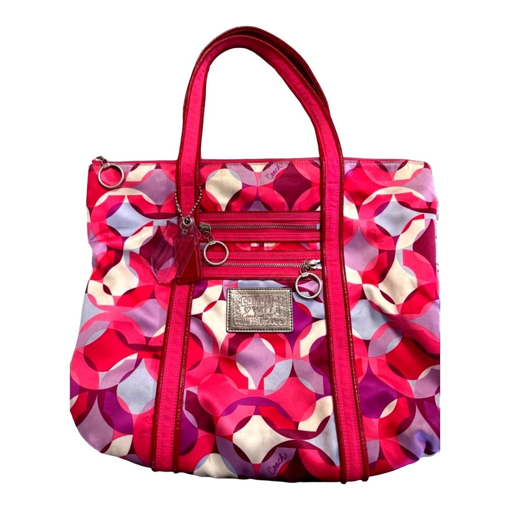 Coach Poppy Pink Purple Geometric Logo Print Satin Tote Shoulder Bag 15x11